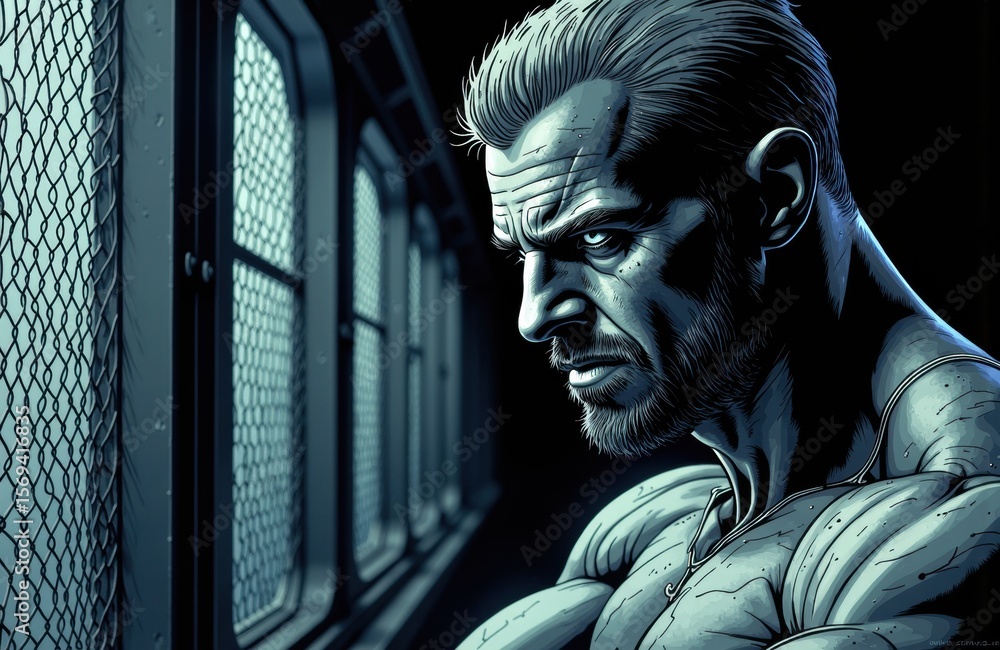 Obraz premium Man with intense expression looks out of window in dark room with metal grid walls