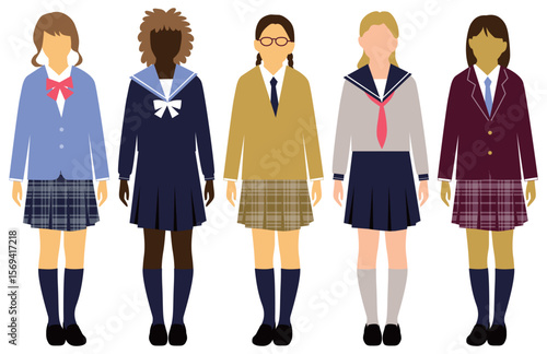 いろんな国の女子学生たち制服正面全身アイコンセット5人_表情無