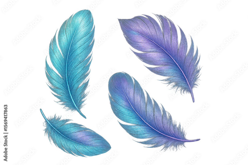 Delicate blue and purple feathers isolated on transparent background, artistic Delicate blue and purple feathers isolated on transparent background, artistic