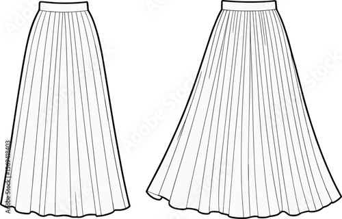 Women’s long pleated skirt flat sketch, front and back view fashion design, high waist, flared silhouette, technical vector illustration flat vector illustration