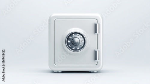 A square, white metallic box with a combination dial, representing security and storage