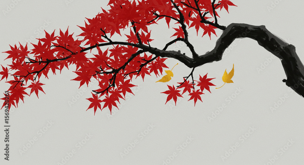 Crimson Branch Serenity: Vivid crimson leaves dance gracefully from a dark branch, contrasting with serene light backdrop, evoking peace and tranquility. Crimson Branch Serenity: Vivid crimson leaves dance gracefully from a dark branch, contrasting with serene light backdrop, evoking peace and tranquility.