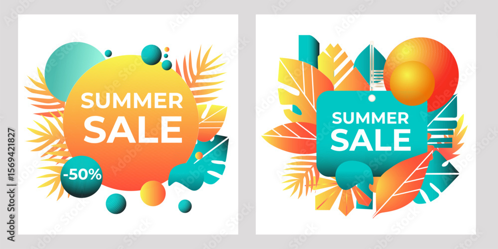 Naklejka premium Set Bright summer sale banners with tropical leaves, geometric shapes, and discount labels. Colorful vector design with gradients, perfect for promotions, social media, ads, and shop campaigns