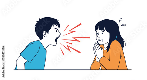 Childhood conflict boy yelling aggressively at scared girl asking for forgiveness