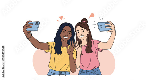 Two young women friends posing for a selfie together smiling happily capturing a cherished moment