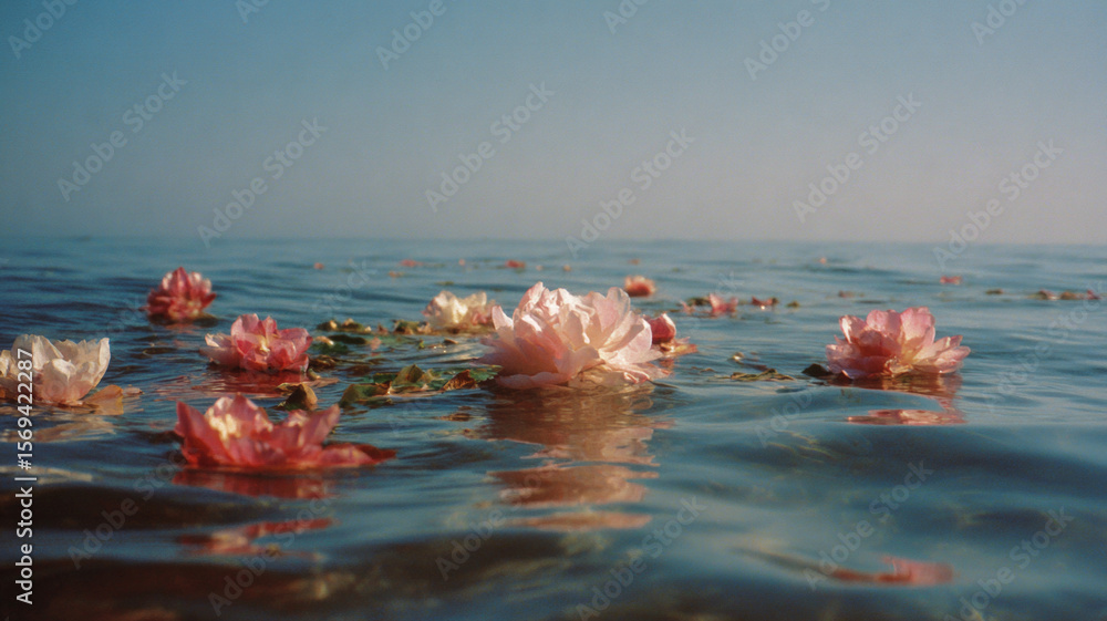 Obraz premium Pink White Lotus Flowers Floating On Calm Blue Water Surface Under Peaceful Sky Creating Meditative