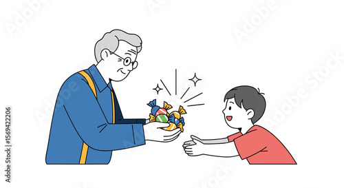 Generous elder man shares delicious sweets with a young happy boy during a sunny day