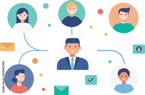 Diverse professionals connected through communication and collaboration flat vector business