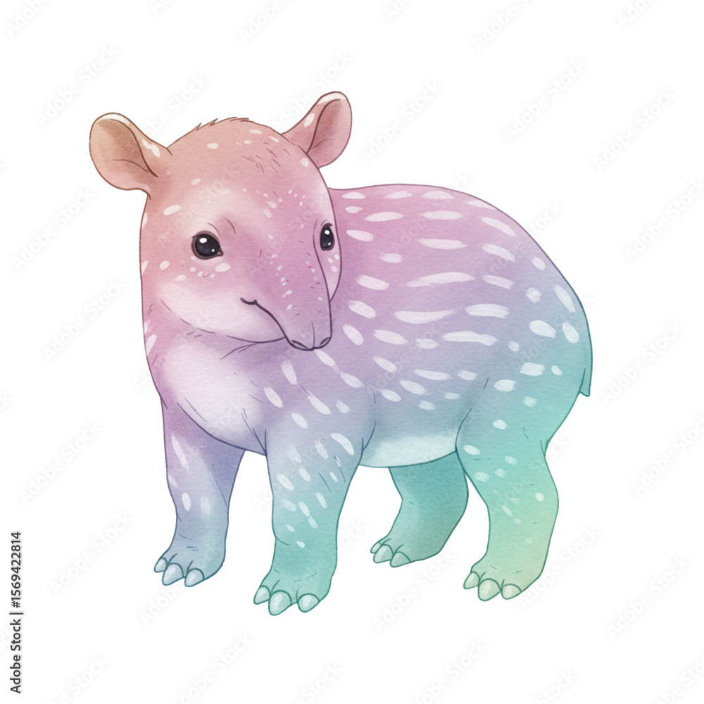 Naklejka premium Adorable Baby Tapir: A charming illustration of a baby tapir, showcasing its unique spotted coat in pastel shades of pink, blue, and green.