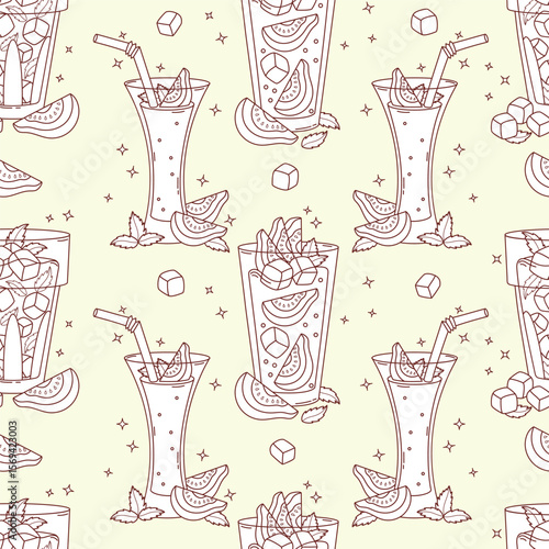 Outline Seamless Pattern with Guava Drink on light Green Background with tropical Fruit slices and Mint leaves. Summer Refreshing Cocktail. Line hand drawing. Vector illustration