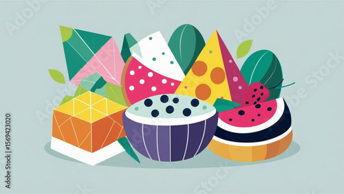 Abstract Geometric Fruit and Food Arrangement