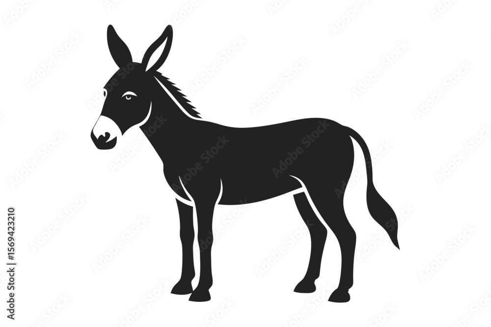 Black donkey stands facing forward against a stark white background in this design Black donkey stands facing forward against a stark white background in this design