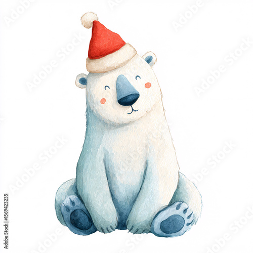 Cute baby polar bear with a Santa hat tilting its head. Adorable watercolor illustration for Christmas.