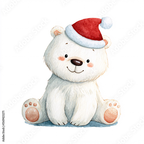 Cute smiling baby polar bear in a Santa hat. Adorable watercolor character for Christmas and winter holidays.