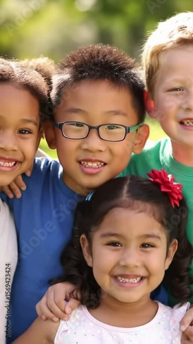 Four diverse young children huddled, arms over shoulders, beaming joy, smiling at camera in warm, bright medium close-up with soft bokeh park background. Concept of childhood unity and diversity