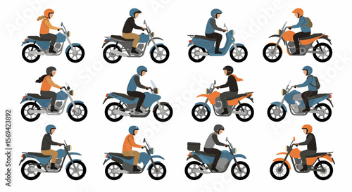 Vector Illustration of Various Motorcyclists Riding Different Motorcycles