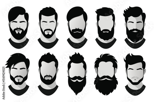 Different stylish beards and haircuts showcase diverse facial hair options for men on a transparent background