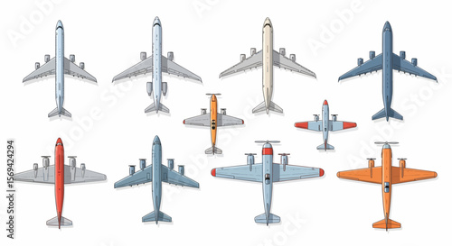 Collection of Airplane Top Views: Diverse Airplanes Illustrated in Top-Down Perspective, Featuring Various Sizes, Styles, and Colors