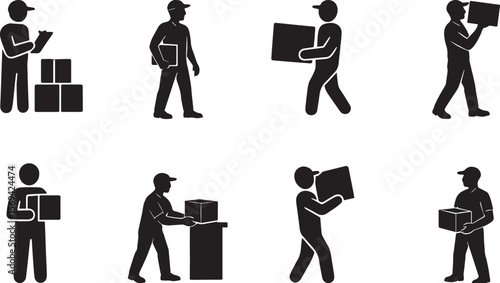 Logistics Worker Silhouettes Set – Warehouse Labor Icons, Box Handling Poses & Delivery Staff Graphics