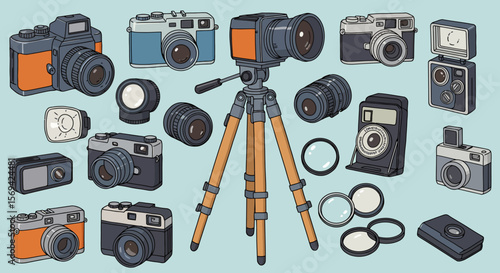 Collection of Vintage Cameras, Lenses, and Tripod: Retro Photography Equipment Illustration