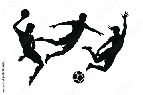 Silhouetted soccer players show their athletic prowess as they jump and kick the ball on transparent background