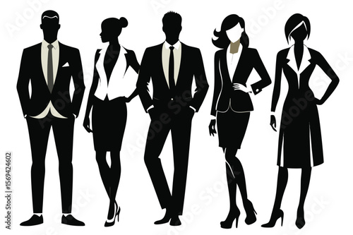 Silhouetted multiethnic business people posing confidently wear suits, dresses and heels against a transparent background