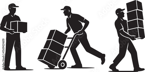 Warehouse Staff Silhouettes – Box Handling, Delivery Poses & Industrial Labor Icons