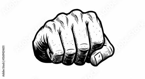 Detailed Ink Drawing of a Clenched Fist, Black and White, Strong Hand Gesture