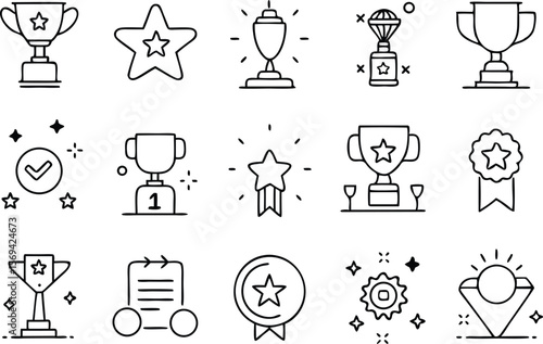 Fifteen different awards and recognition line icons spread evenly across a transparent background