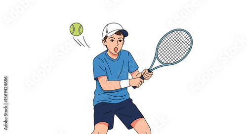 Young boy playing tennis swinging racket at ball with focused expression