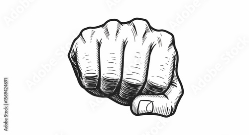 Detailed Ink Drawing of a Clenched Fist, Hand in a Powerful Pose, Black and White Illustration