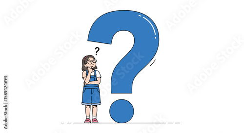 A curious child stands next to a giant blue question mark pondering a difficult problem