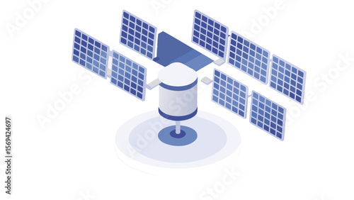 Isometric illustration of a satellite with solar panels in shades of blue and white in space view