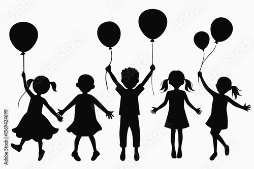 Silhouette children cheerfully hold balloons aloft against a transparent backdrop in a playful, festive display