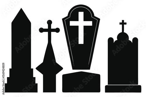 Dark silhouettes of several gravestones show different shapes of memorial art on transparent background