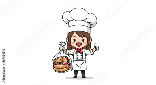 Happy cartoon chef holding bag of freshly baked bread giving thumbs up sign