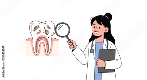 Expert dental examination inspecting tooth health under magnification discovering microscopic cavities and bacteria