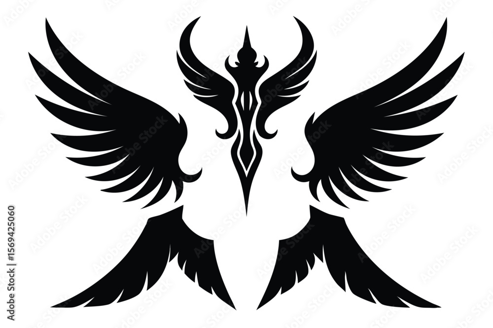 Obraz premium Intricate symmetric phoenix with spread wings is displayed over a transparent background in black
