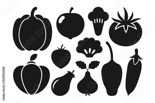 Black silhouettes reveal diverse fresh vegetable varieties, including pumpkin, tomato, apple, and chili, on transparent background