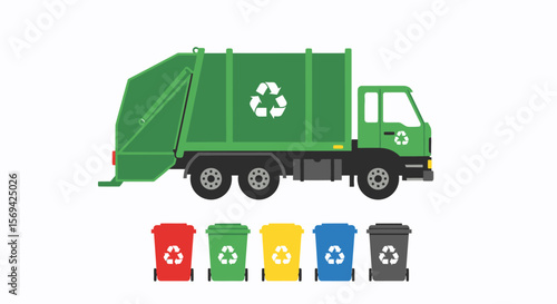 Green Garbage Truck with Recycling Bins, Flat Vector Illustration