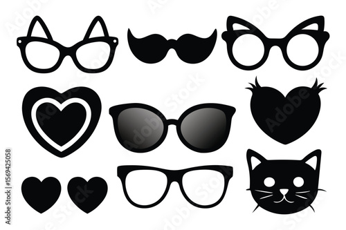 Silhouetted glasses, moustache, cat face and heart collection provides distinct retro and animal themes