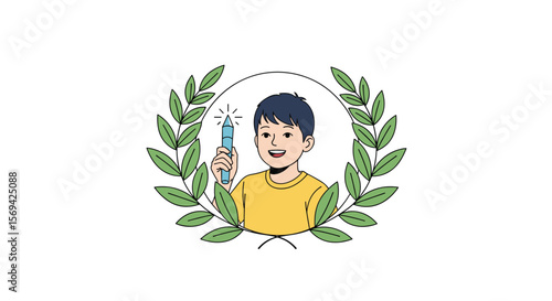 Young boy holding up a smart device surrounded by green leaves symbolizing growth and success