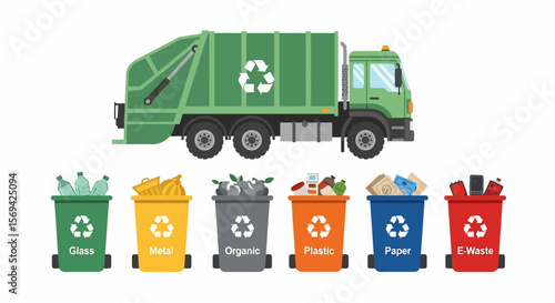 Green Recycling Truck with Six Colorful Waste Bins for Glass, Metal, Organic, Plastic, Paper, and E-Waste