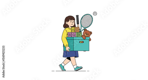 Child carrying box full of toys and sports equipment moving day home relocation activity childhood memory