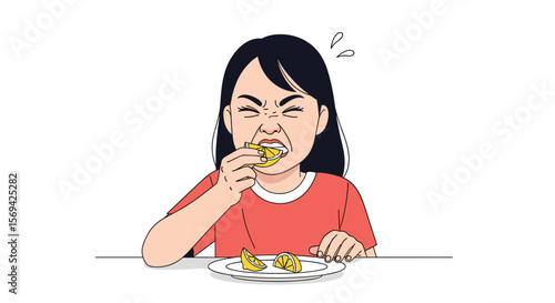 A young woman grimaces while eating something bitter on a plate