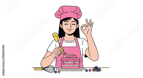 Professional baker decorates delicious cake with frosting and berries expertly creating a sweet dessert masterpiece