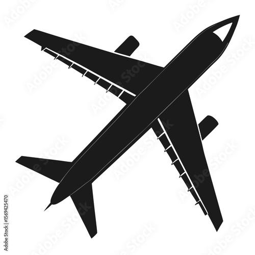 Jet aircraft with four engines flies upward; a minimalist black silhouette on white background