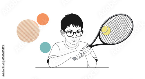 Young athlete concentrates on serving a tennis ball during a match practice session