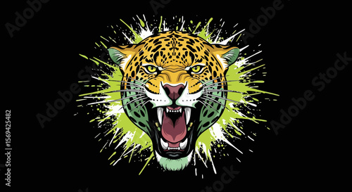 Roaring Leopard Head with Paint Splatter Design
