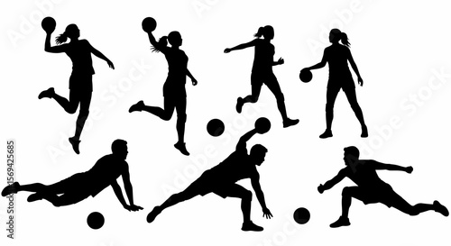 Six Dynamic Silhouettes of Athletes Playing Team Handball, Displaying Diverse Actions and Poses